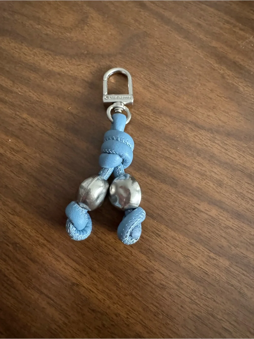 Blue Leather Knot Bag Charm with Silver Beads